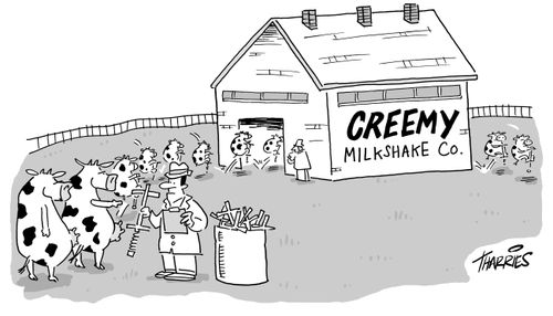 Cows on pogo-sticks creating milkshakes.