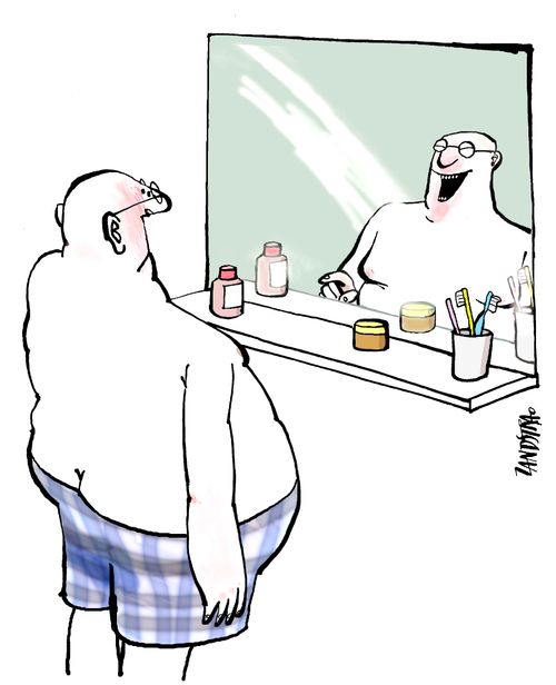 Man's reflection laughing at him.