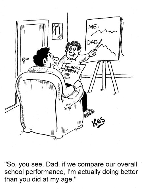 'So, you see, Dad, if we compare our overall school performance, I'm actually doing better than you did at my age.'