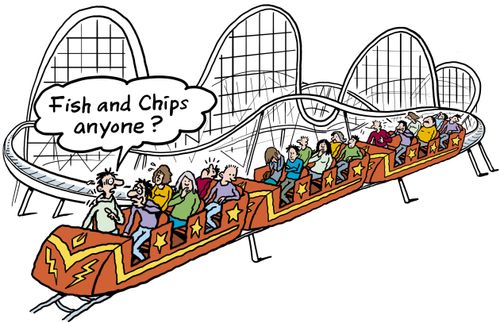 End of roller coaster ride with sick looking people. One asks 'Fish and chips anyone?'
