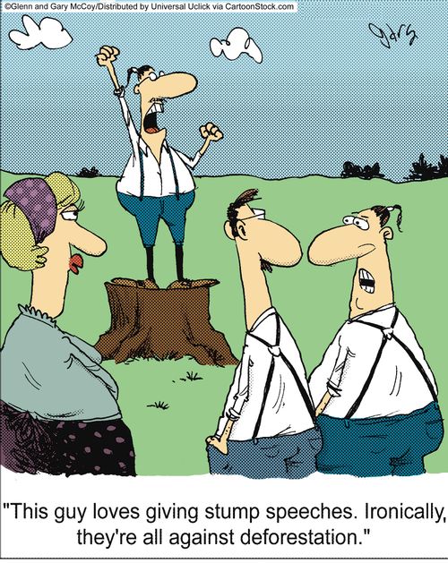 'This guy loves giving stump speeches. Ironically, they're all against deforestation.'