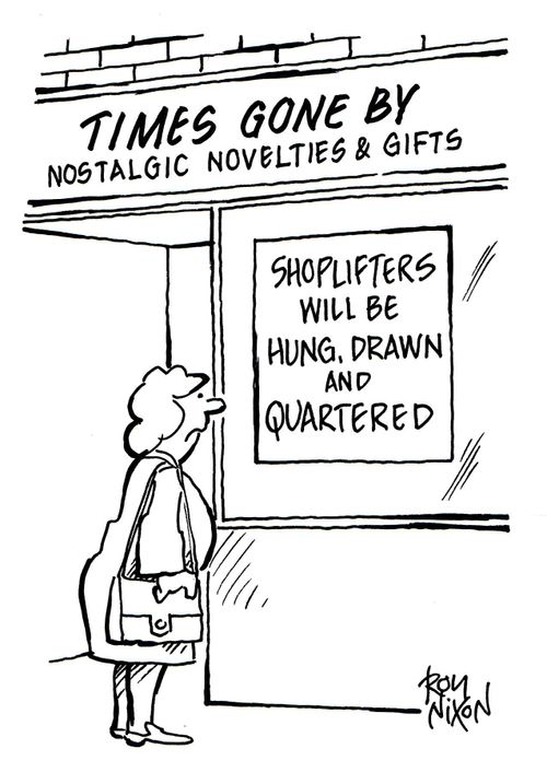 Notice in window of Times Gone By shop - Shoplifters will be Hung, Drawn and Quartered 