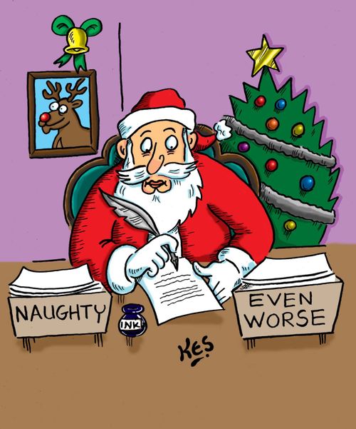 Santa sits near workboxes: 'Naughty', 'Even worse'.
