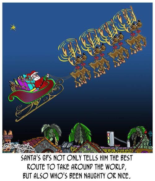 Santa's GPS not only tells him the best route to take around the world, but also who's been naughty or nice.