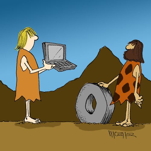 One Cavemen invents the Wheel the other the Laptop.