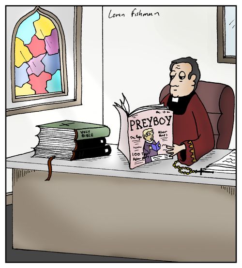 Catholic priest reading 'Preyboy' Magazine.
