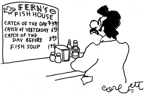 Fish House: catch of the day...$9.95, catch of yesterday...$6.95, catch of the day before...$3.95, fish soup...$1.95.