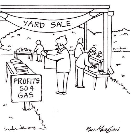 Yard sale sign states: Profits Go 4 Gas.