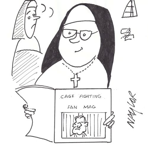 Nun reads a 'Cage fighting fan mag.'