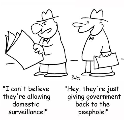 'I can't believe they're allowing domestic surveillance!', 'Hey, they're just giving government back to the peephole!'