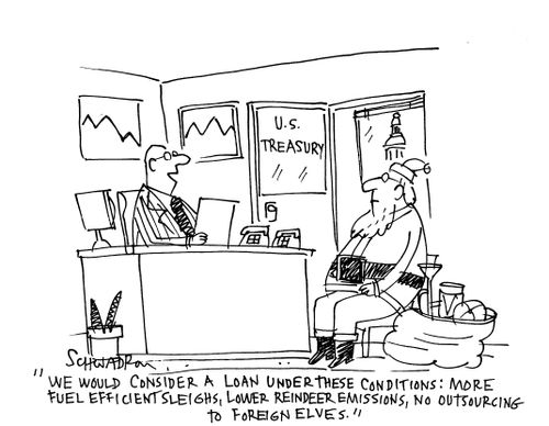 'We would consider a loan under these conditions: more efficient sleighs, lower reindeer emissions, no outsourcing to foreign elves.'