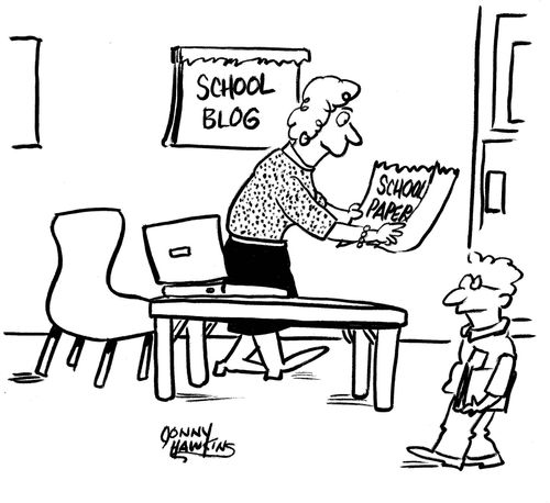 Teacher removes 'School Paper' sign and replaces it with 'School Blog' sign.