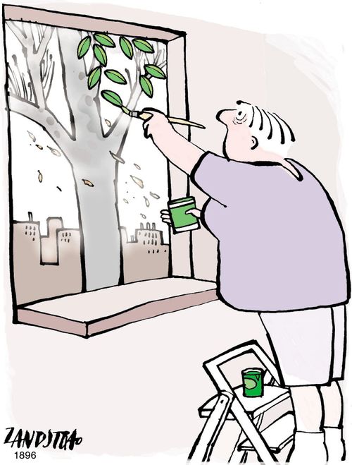 Painting leaves onto a window.