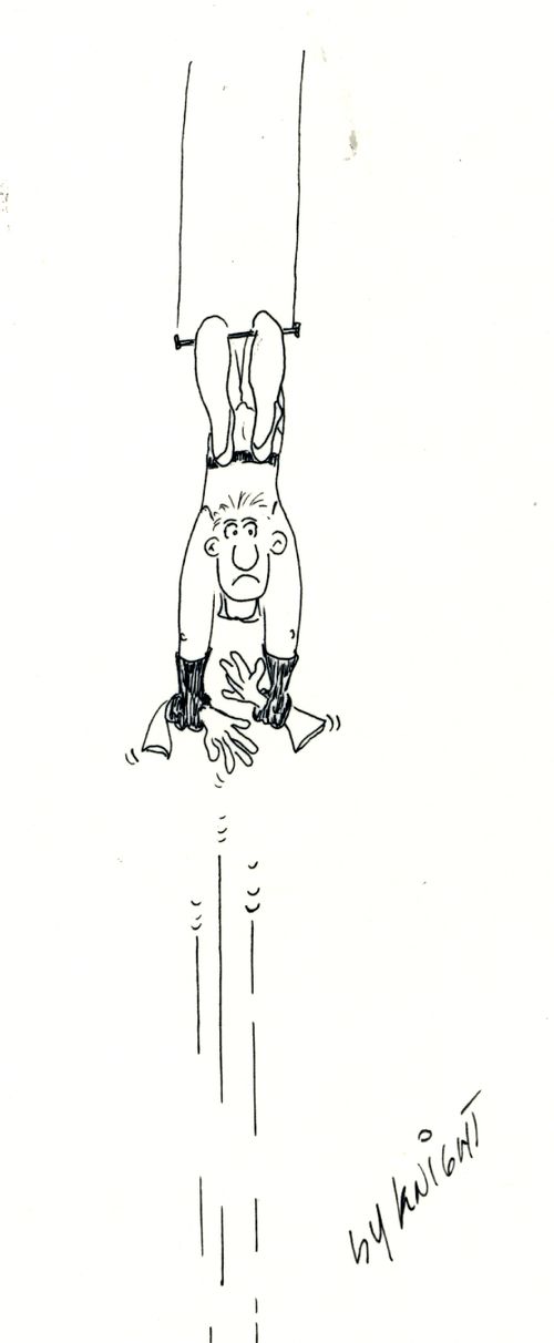 'Missed!' (acrobat holding his partner's gloves)