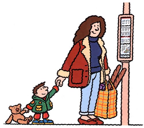 Mother and child waiting at a bus stop.
