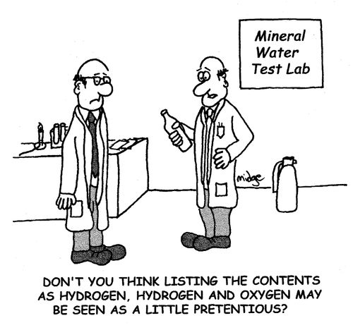 "Don't you think listing the contents as hydrogen, hydrogen and oxygen may be seen as a little pretentious?"