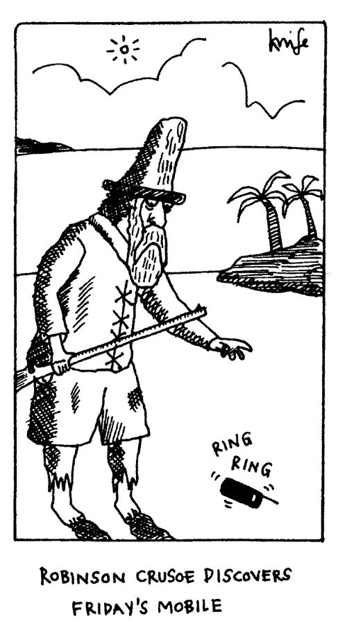 'Robinson Crusoe discovers Friday's mobile'
