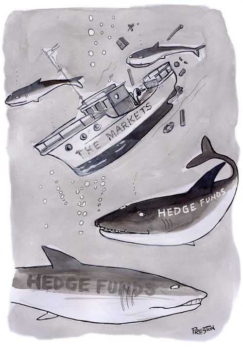 Hedge fund sharks attacking 'The Markets' ship.