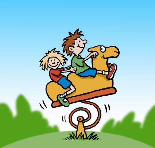 Young kids play on rocking camel ride in the park.