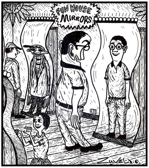 A crooked guy looking normal in a fun house mirror.