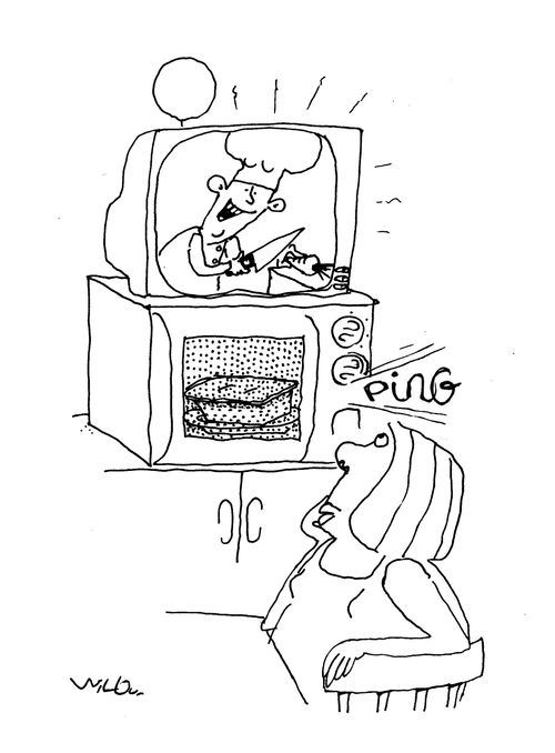 Woman watching cookery show on TV while cooking a microwave meal.