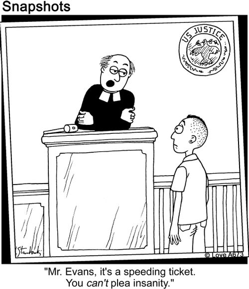 "Mr. Evans, it's a speeding ticket. You can't plea insanity."