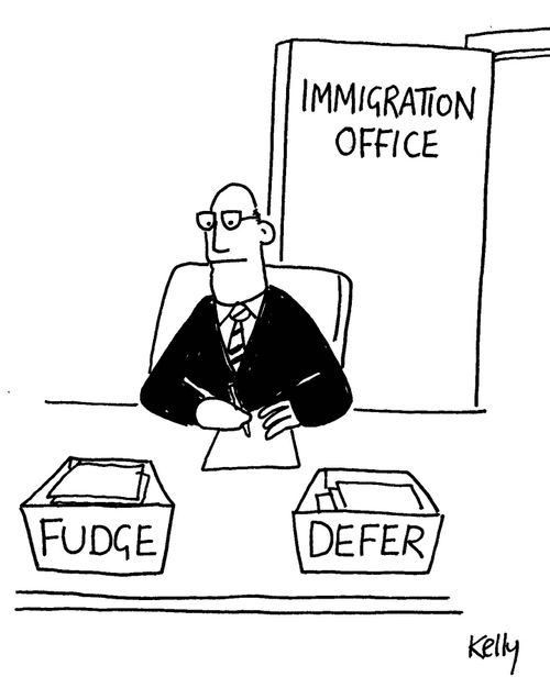 Fudge and defer trays in Immigration office.'