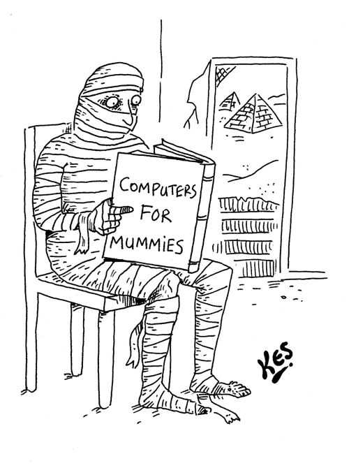 Egyptian Mummy reads book entitled: 'Computers for Mummies'.
