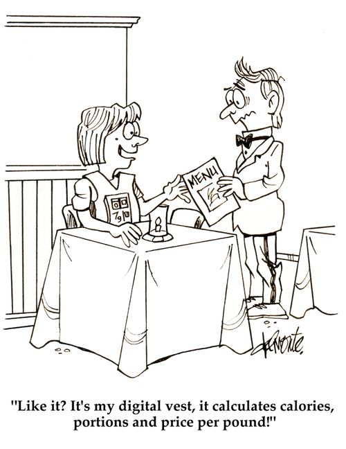 'Like it? It's my digital vest, it calculates calories, portions and price per pound!'