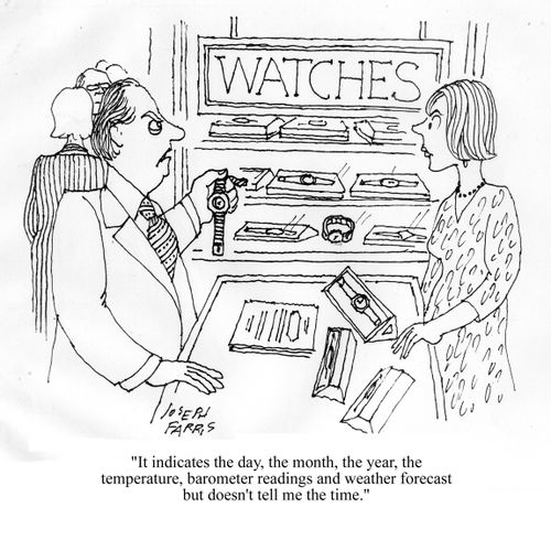 'It indicates the day, the month, the year, the temperature, barometer readings and weather forecast but doesn't tell me the time.'
