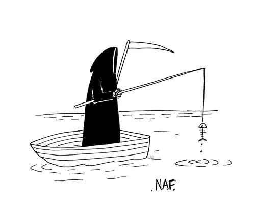 Grim Reaper fishing in a boat. He has caught a fish skeleton.