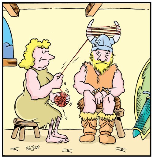 Viking sitting patiently while his wife winds her wool on his helmets horns to sort it out.