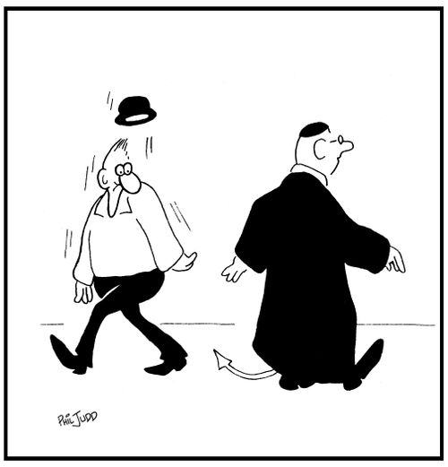 Priest walking along the street. Passerby notices a devil's tail from under the Cassock.