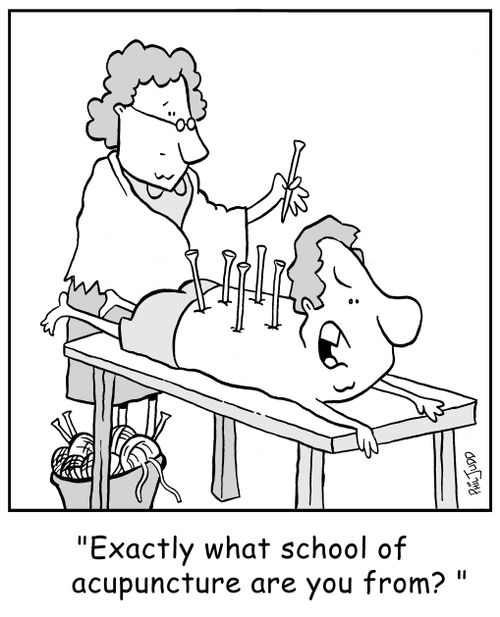 'Exactly which school of acupuncture are you from?'