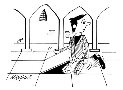 Vicar brushing dust under a tile.
