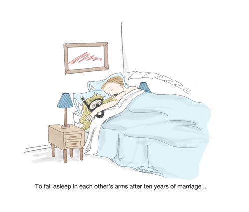 After 10 years of marriage the wife has to wear snorkeling gear in bed. 