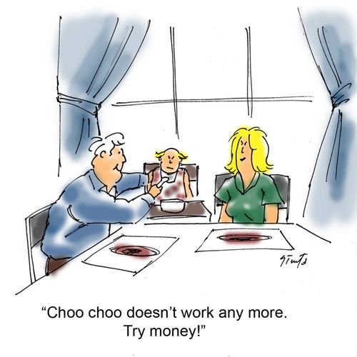 "Choo choo doesn't work any more. Try money!"