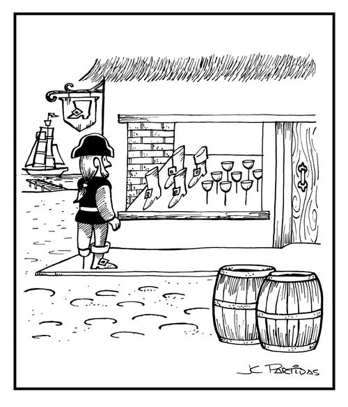 A pirate seeing  boots and sticks for his legs at a shoestore.