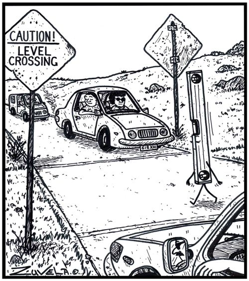  Vehicles waiting at a crossing for a tradesman's spirit level to pass.