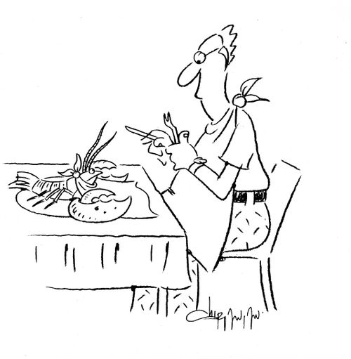 Lobster wearing a napkin.