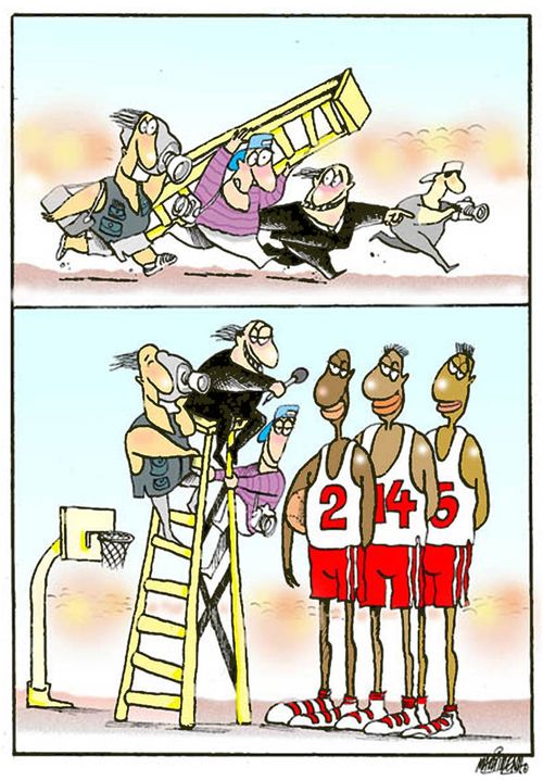 Interviewing tall basketball team.