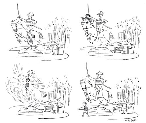 Riding the statue.