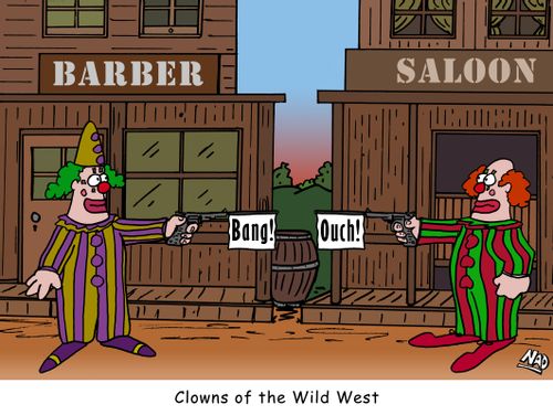 Two clowns shoot out a duel in a Western - One has a gun that says 'Bang!', the other has a gun that says 'Ouch!'