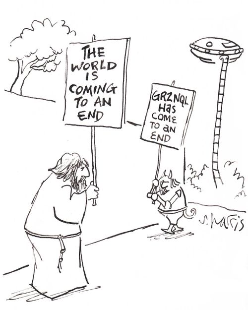 Man holding a sign saying 'The world is coming to an end' meets an alien with a sign saying 'Grznql has come to an end'.