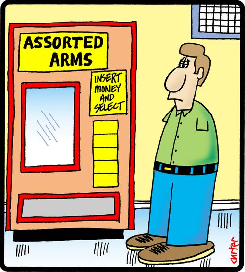 Assorted Arms Vending Machine: Insert Money and Select.
