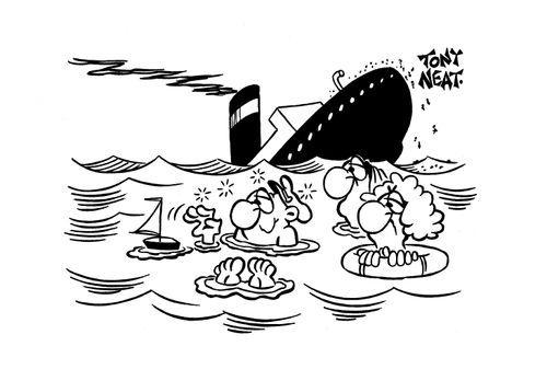 Shipwreck captain playing with toy boat.