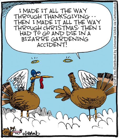 'I made it all the way through Thanksgiving... then I made it all the way through Christmas, then I had to go and die in a bizarre gardening accident!'