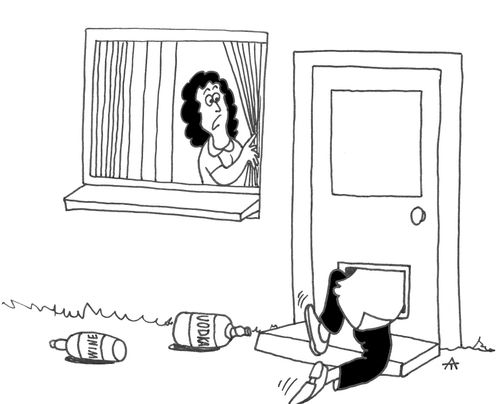 Drunk man comes home through the cat flap.