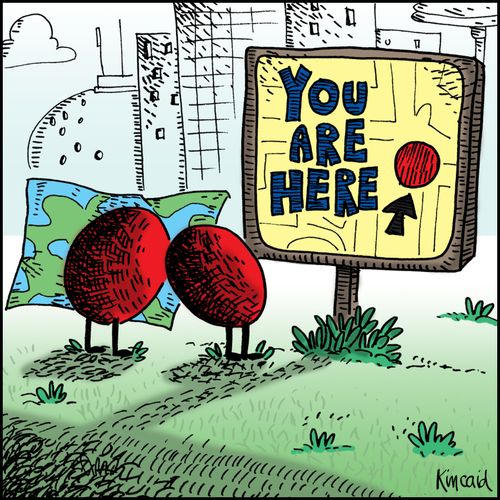 Two dots looking at a sign that says 'You Are Here.'