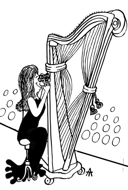 Harpist is peeping through the harp strings at the audience.